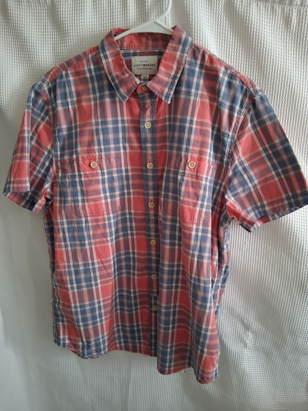 Lucky Brand Coral and Blue Plaid Short-Sleeve Button-Up Shirt